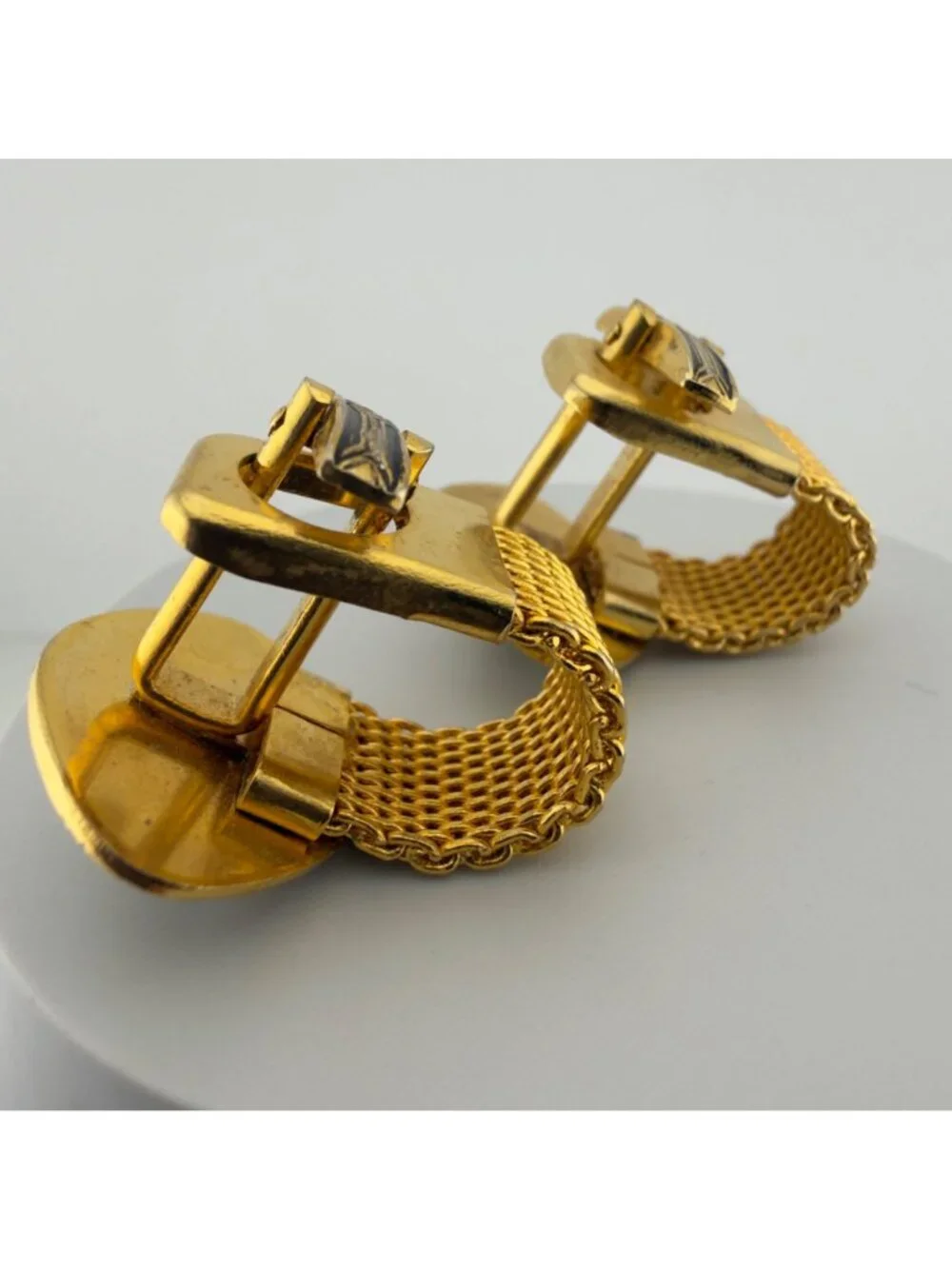 Vintage Mother of Pearl Rams Head Damascene Cufflinks Tie Bar Set Gold Tone